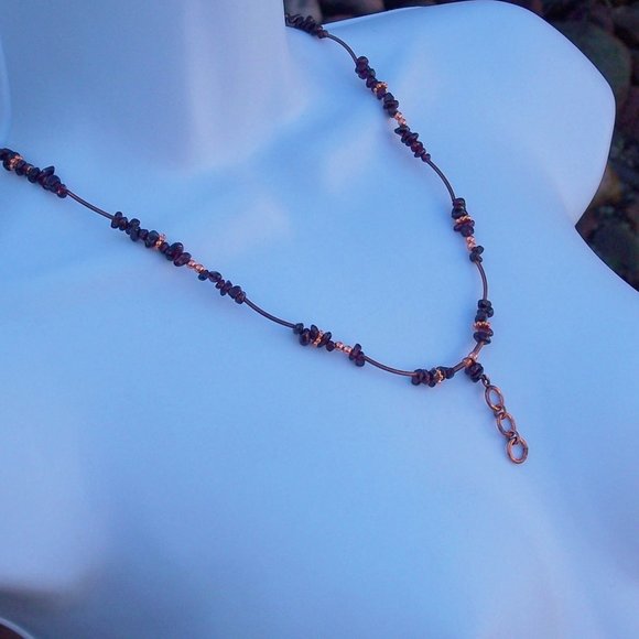 Handmade Necklace with Red Garnets and Bronze Coated Brass Tube Beads  21.5 IN - Picture 8 of 10